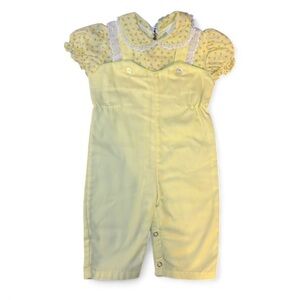Vintage 70s Yellow Girls Overalls Romper 12 Months Floral Snap Buttons